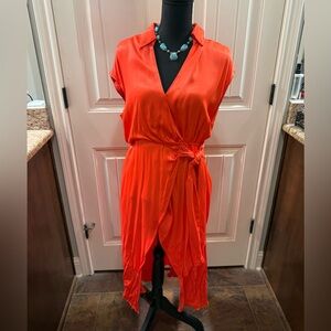 Anthropology Elegant Orange Wrap Dress with key hole back opening.